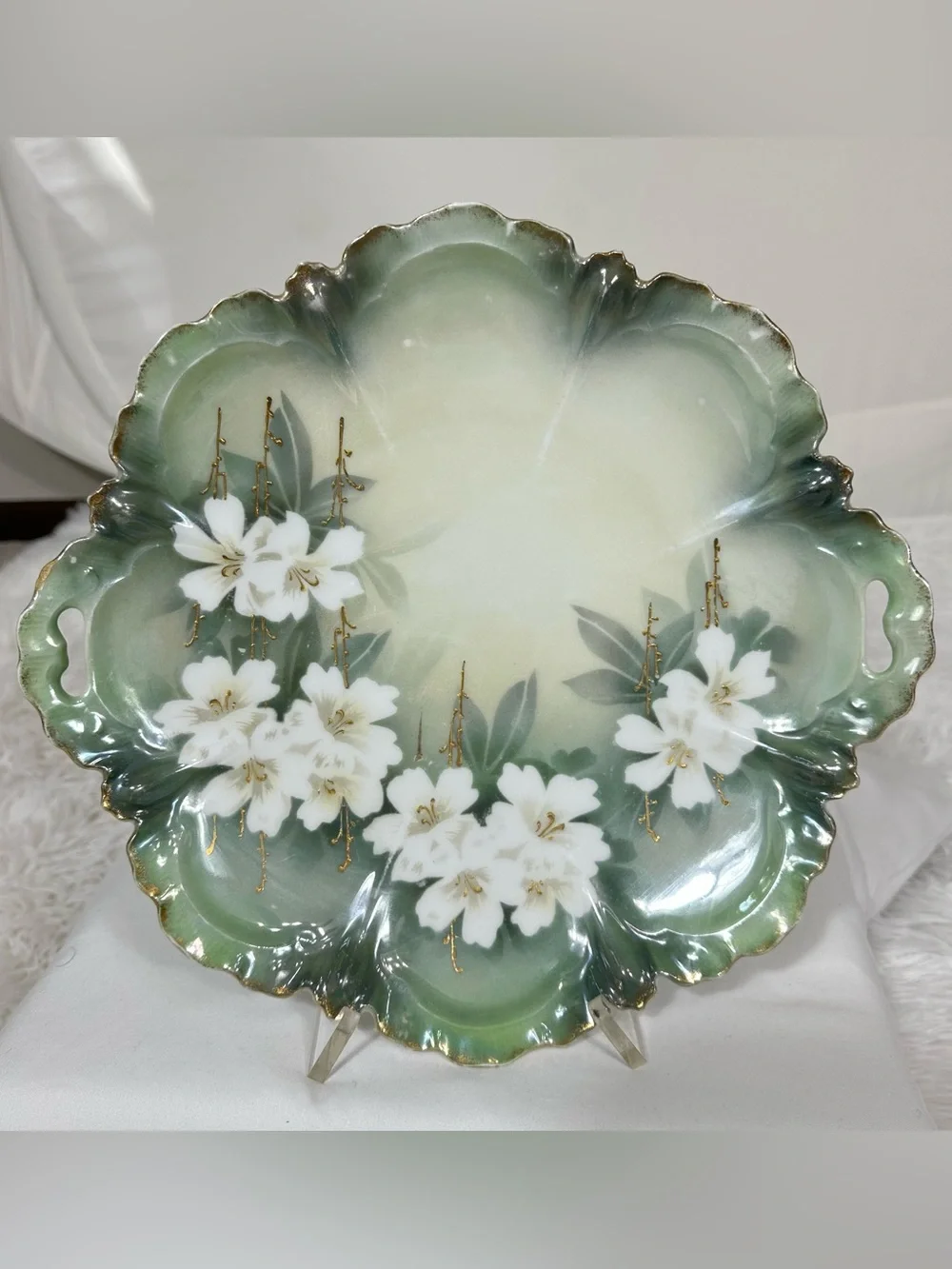 VTG RS Germany Handled Floral Serving Cake Tray Green White Gold Cherry Blossoms